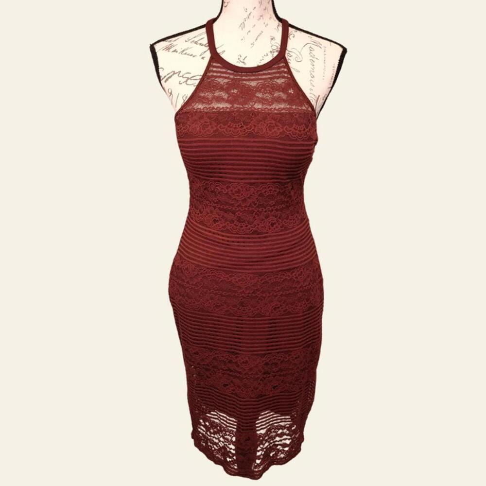 Guess Wine Lace Illusion Halter Dress 6 Midi‎ Strappy back Vampy Dark Coquette